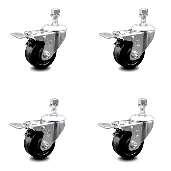 3 Inch Phenolic Swivel 12mm Threaded Stem Caster Set with Total Lock Brake